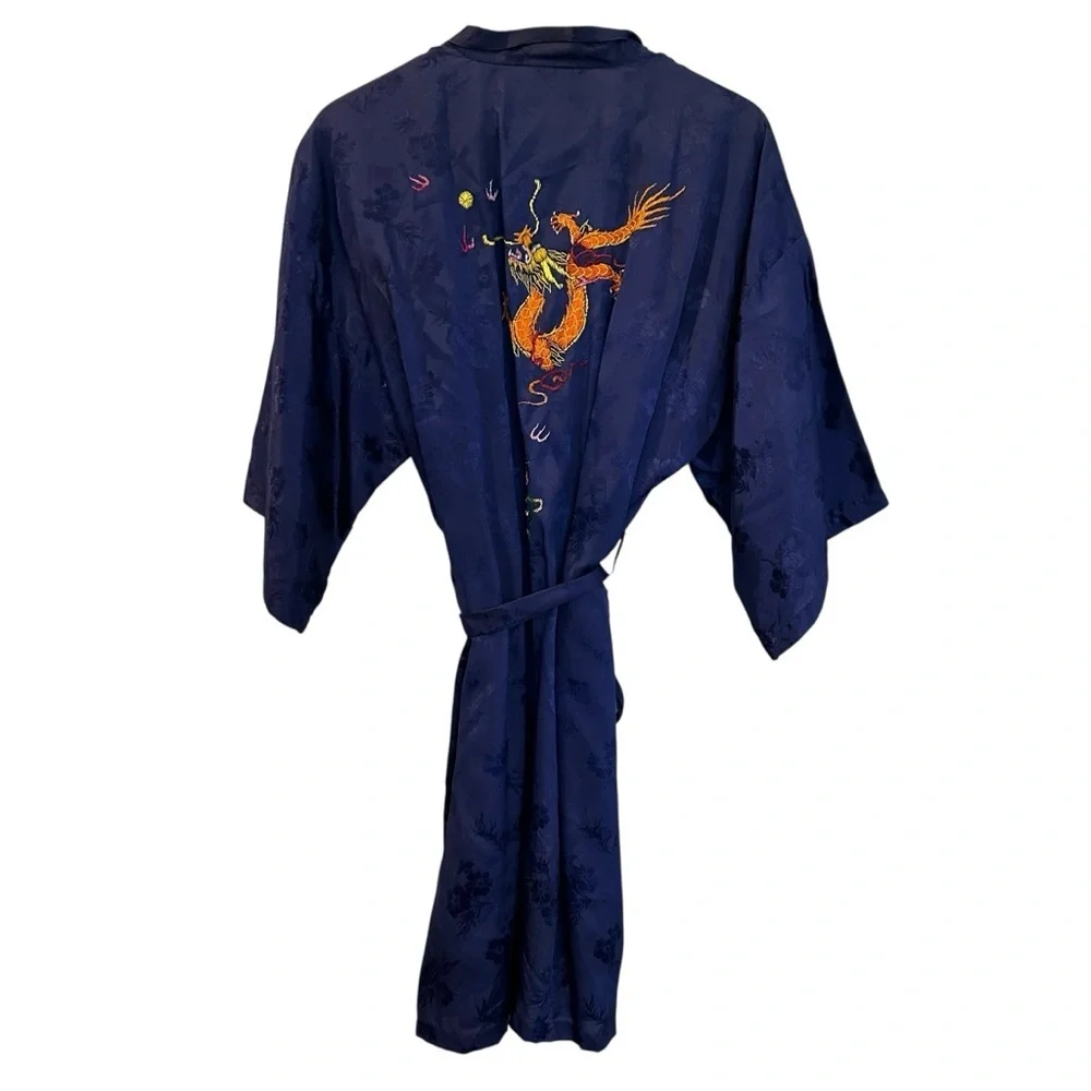 Vintage Golden Bee Silk Blue Rayon Embroidered Dragon Kimono Robe Women’s XL